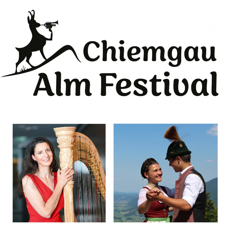 Harfenistin Silke Aichhorn: ©Sven-Kristian Wolf, Musikanten Hoagascht: ©Emely Kugler, Logo: Chiemgau Alm Festival (CAF)